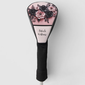 Roze Zwart 3D Bloemen Monogram Golfheadcover