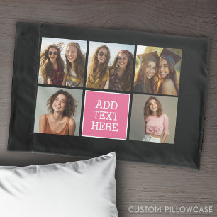 Roze Zwart 5 Fotocollage met Tekst Kussensloop