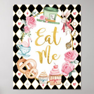 Roze Zwart Alice in Wonderland EAT ME Party Sign Poster