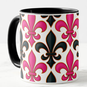 Roze Zwart Barok Fleur-de-lis Patroon Ontwerp Mok