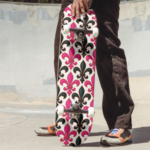 Roze Zwart Barok Fleur-de-lis Patroon Ontwerp Skateboard