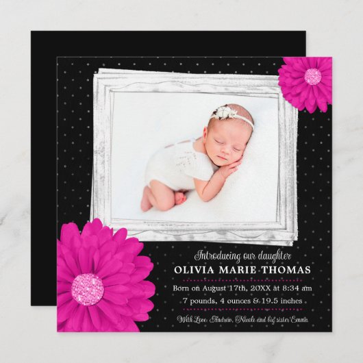 Roze Zwart Daisy Meisje Foto Geboorte Aankondiging (Voorkant / Achterkant)