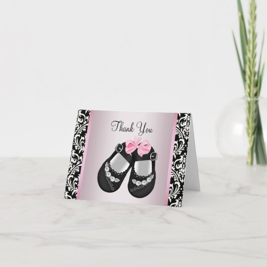 Roze Zwart Damask Baby Meisje Douche Dank u Bedankkaart (Voorkant)