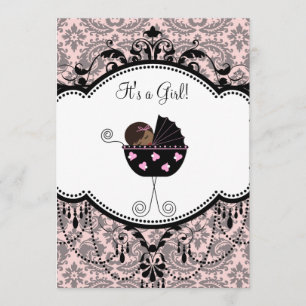 Roze Zwart Damask Baby Meisje Douche Uitnodigingen