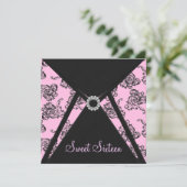Roze Zwart Damask Sweet 16 Party Kaart (Staand voorkant)