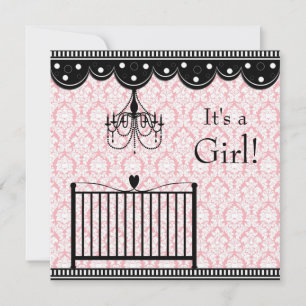 Roze Zwart Damask Wieg Kroonluchter Baby shower Kaart