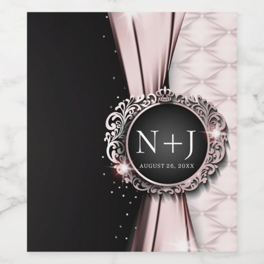 Roze & Zwart Elegant Luxe Bruiloft Wijn Etiket (Enkel label)