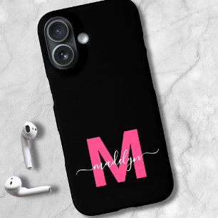 Roze Zwart Elegante Script Naam Monogram iPhone 16 Hoesje