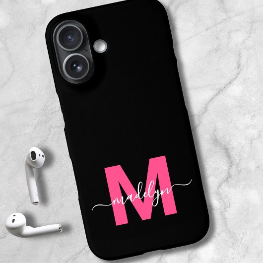 Roze Zwart Elegante Script Naam Monogram Case-Mate iPhone Case
