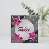 Roze, Zwart en Zilveren Stars Sweet 16 Uitnodiging (Staand voorkant)