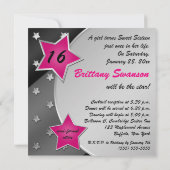 Roze, Zwart en Zilveren Stars Sweet 16 Uitnodiging (Achterkant)