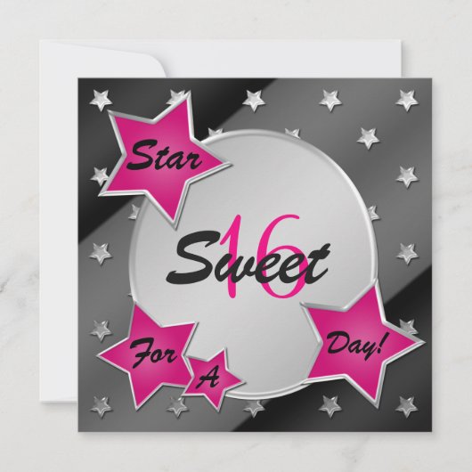 Roze, Zwart en Zilveren Stars Sweet 16 Uitnodiging (Voorkant)