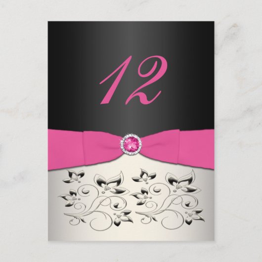 Roze, Zwart en Zilveren Tafelnummer Briefkaart (Voorkant)