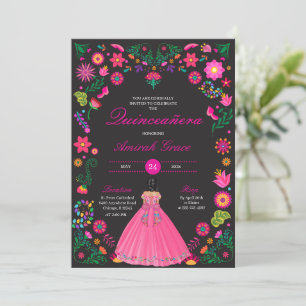Roze & Zwart Fiesta Quinceañera Uitnodiging