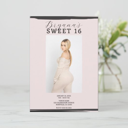 Roze & Zwart Foto Lijst Trendy Modern Sweet 16 Kaart (Staand voorkant)