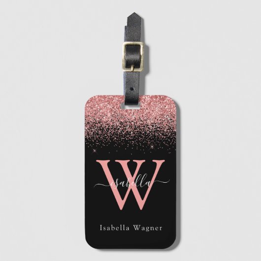 Roze Zwart Glitter Elegant Script Bagagelabel (Voorkant (verticaal))