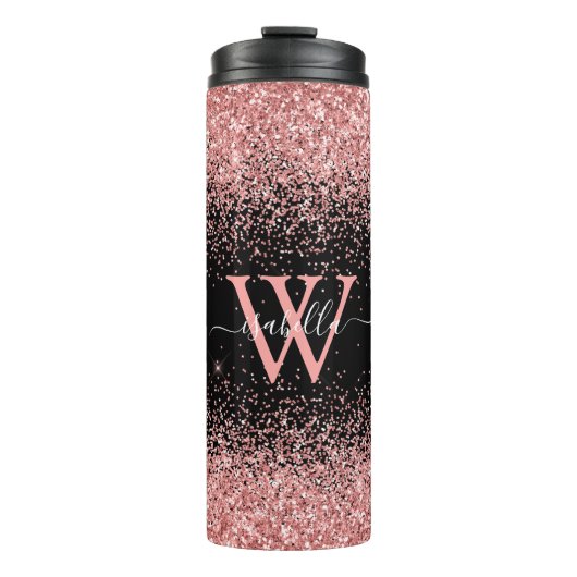 Roze Zwart Glitter Elegant Script Naam Monogram Thermosbeker (Voorkant)