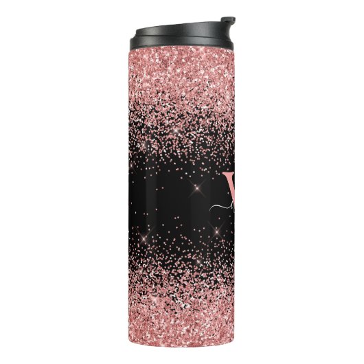 Roze Zwart Glitter Elegant Script Naam Monogram Thermosbeker (Gedraaid links)