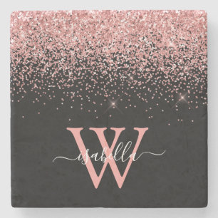 Roze zwart Glitter Elegant Script Name Monogram Stenen Onderzetter