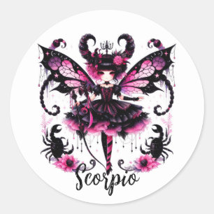 Roze Zwart Gothic Fairy Schorpioen Astrologie Zodi Ronde Sticker