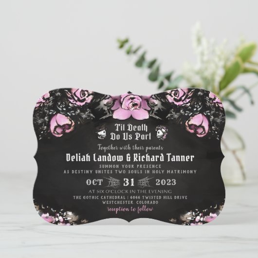 Roze Zwart Gotisch Roos & Skelet "samen met" Kaart (Staand voorkant)