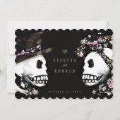 Roze & Zwart Gotische Rozen & Skeletten Huwelijk Kaart (Achterkant)