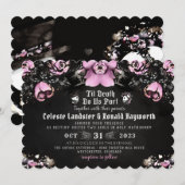 Roze & Zwart Gotische Rozen & Skeletten Huwelijk Kaart (Voorkant / Achterkant)