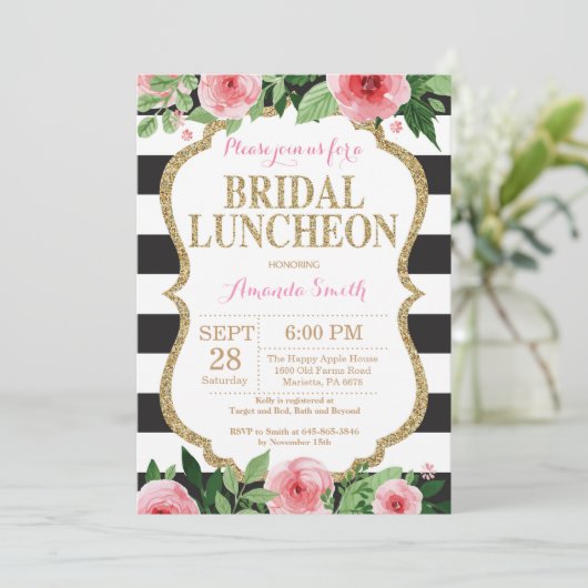 Roze Zwart Goud Bruids Luncheon Uitnodiging Bloeme (Staand voorkant)