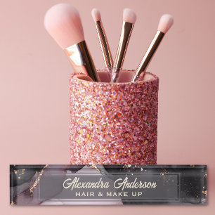 Roze Zwart Goud Glitter Agaat Marmer Abstract Naambordje