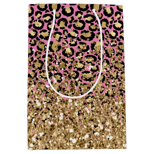 Roze Zwart Goud Luipaard Glitter Medium Cadeauzakje (Voorkant)