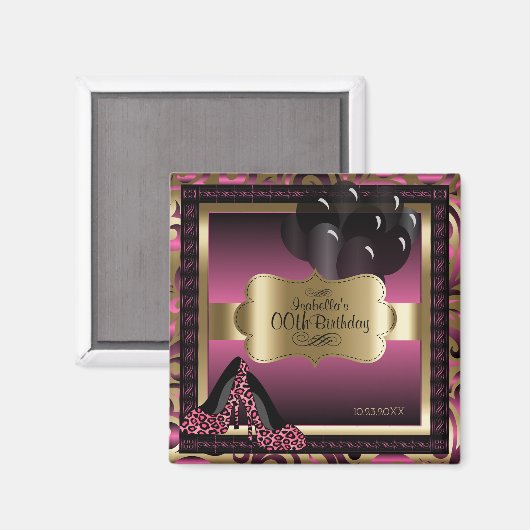 Roze, Zwart & Goud Metallic - 00ste verjaardag Magneet (Voorkant / Achterkant)