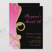Roze Zwart & Goud Modern Krullen Sweet 16 Feest Kaart (Voorkant / Achterkant)