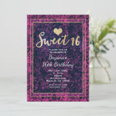 Roze & zwart gouden Sweet 16 moderne uitnodiging v (Staand voorkant)