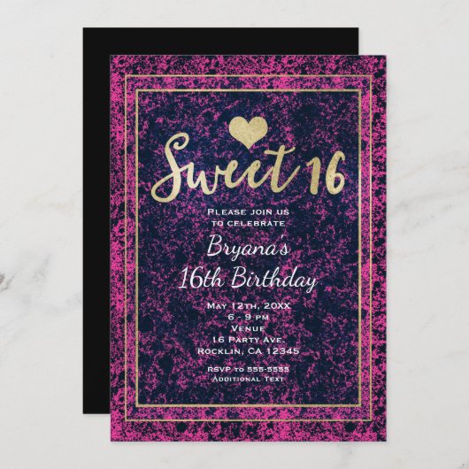 Roze & zwart gouden Sweet 16 moderne uitnodiging v (Voorkant / Achterkant)