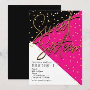 Roze Zwart Gouden Sweet 16 Uitnodigingen met Kleur