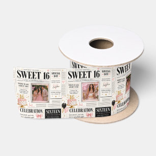 Roze Zwart Krant Sweet 16 2 Foto Aangepaste Naam Lint