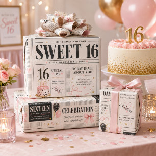 Roze Zwart Krant Sweet 16 Aangepaste Naam Verjaard Cadeaupapier