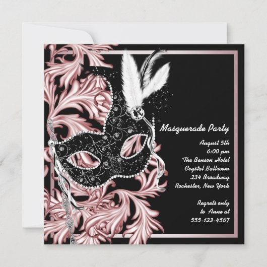 Roze Zwart Masker Roze Maskerade Feest Kaart (Voorkant)