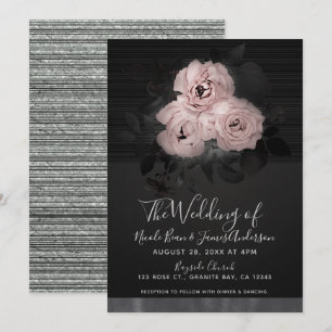 Roze & Zwart Modern Glam Bloemrijke Chic Bruiloft Kaart