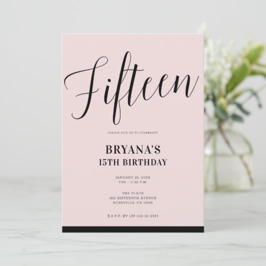 Roze & Zwart Modern Minimaal Script Vijftien 15 15 Kaart (Staand voorkant)