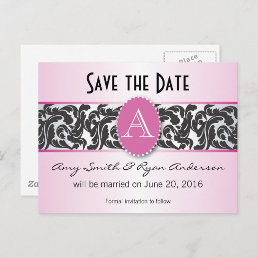 Roze & zwart monogram Bewaar de datum Aankondigingskaart (Voorkant / Achterkant)