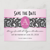 Roze & zwart monogram Bewaar de datum Aankondigingskaart (Voorkant)