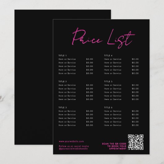 Roze & Zwart Neon Beauty Prijs Lijst Menu QR Code (Voorkant / Achterkant)