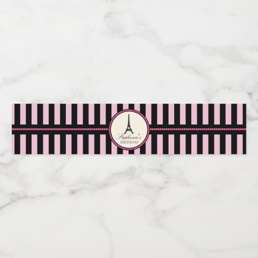 Roze & Zwart Parijs Verjaardagsfeest Waterfles Etiket (Enkel label)