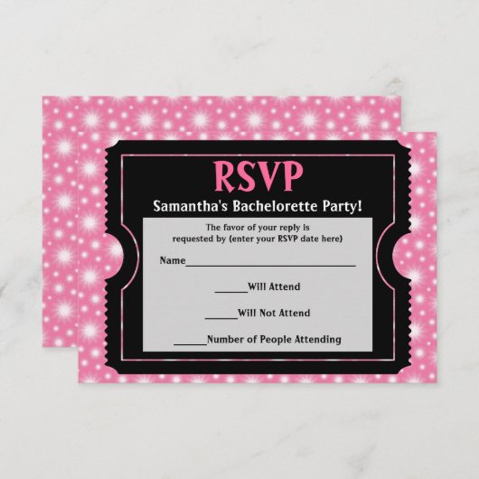 Roze/ Zwart Party Ticket RSVP Reply Kaart (Voorkant / Achterkant)