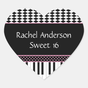 Roze Zwart Piano Thema Sweet 16 Verjaardag Hart Sticker