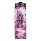 Roze Zwart, Pompoenen, Haunted House gepersonalise Thermosbeker (Voorkant)