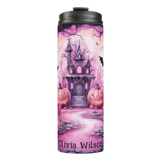Roze Zwart, Pompoenen, Haunted House gepersonalise Thermosbeker (Voorkant)
