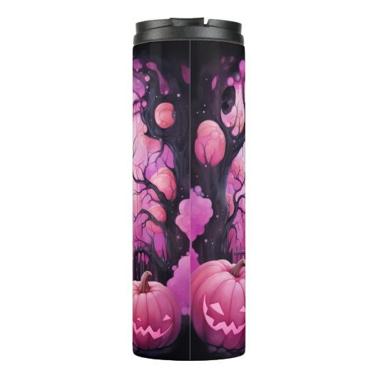 Roze Zwart, Pompoenen, Haunted House gepersonalise Thermosbeker (Achterkant)