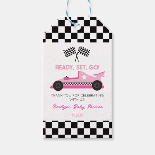 Roze Zwart Race Auto Ready Set Go Baby shower Cadeaulabel (Voorkant)